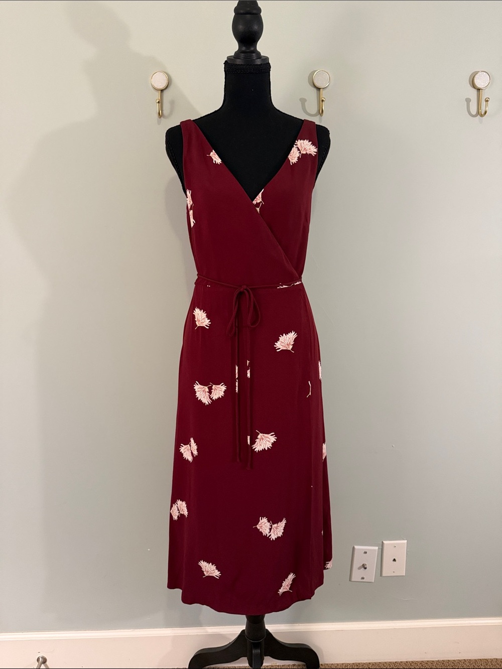 Ann Taylor Burgundy Sleeveless Wrap Midi Dress with Cream Floral Accents